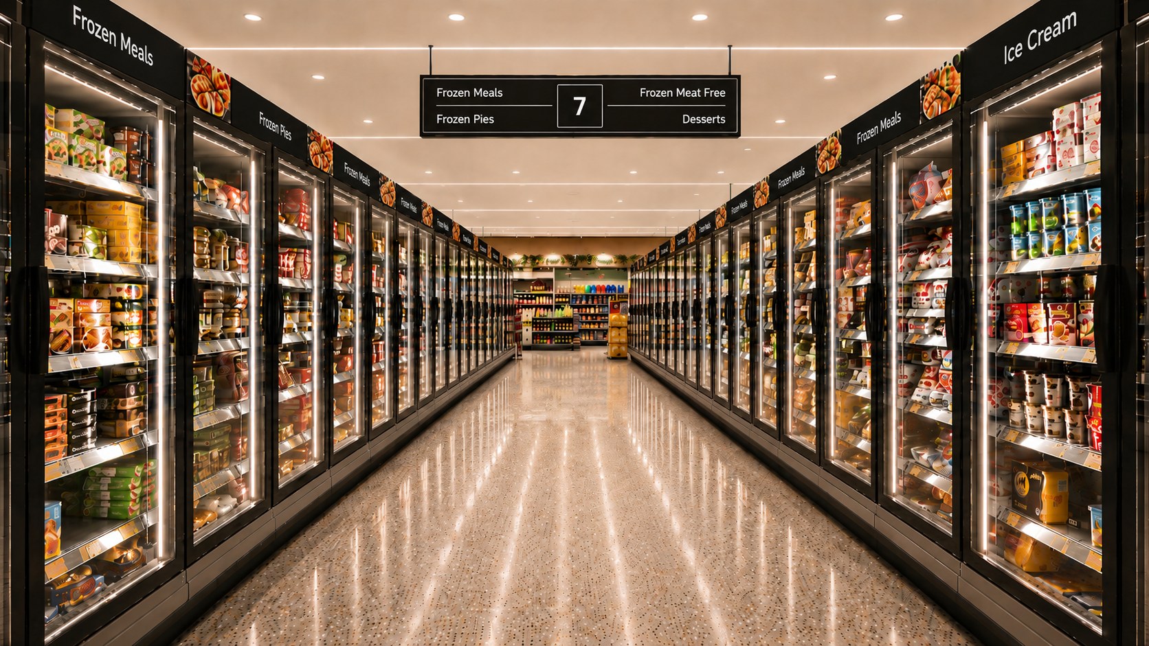 UK heatwave frozen food aisle in a United kingdom supermarket