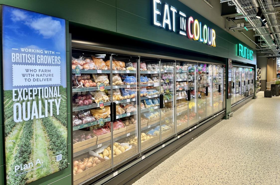 Alternative angle of Epta UK Gazelle Eco cabinets at M&S Washington, featuring fresh produce arranged neatly for customers